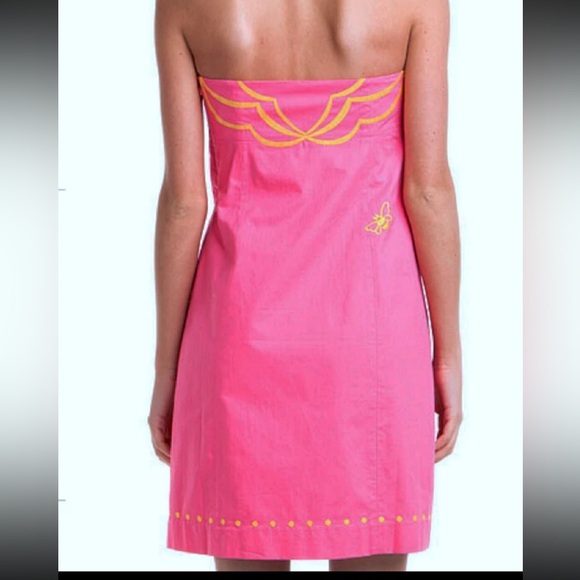 Lilly Pulitzer Bowen Hotty Pink Yellow Embroidered Strapless Dress Bee Size 00 - Picture 2 of 10